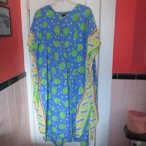 VTGE J Peterman Cotton Caftan Dress Leaf Stripe Dot Pockets Blue Green Yellow OS